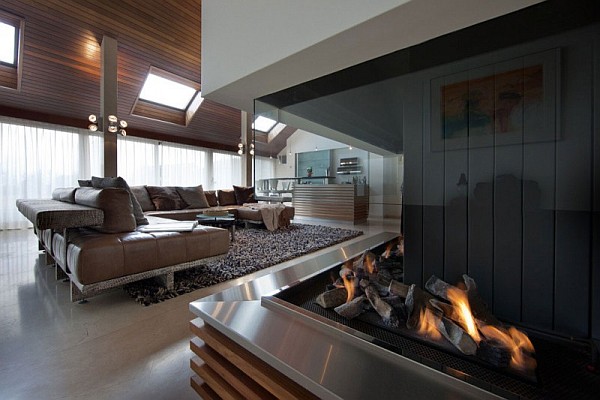 stylish living room with firepit