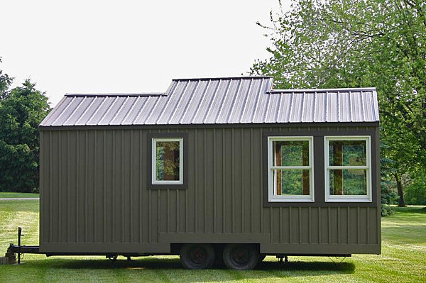 Back exterior shot of tiny house on wheels