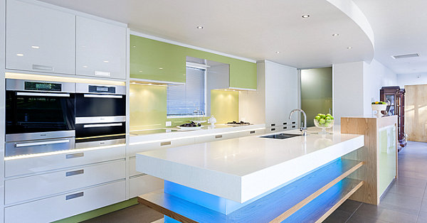 Blue neon lighting in a modern kitchen