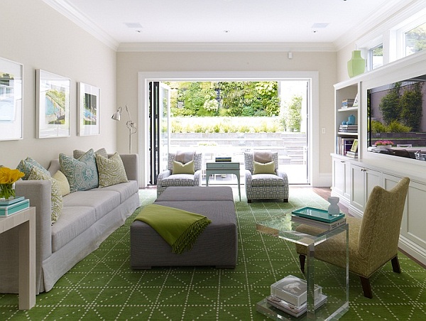 Bright living room with green rug