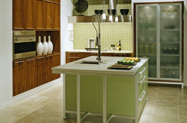 Classy modern kitchen in green with glass door refrigerator that steals the spotlight