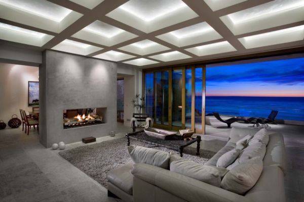 Contemporary living room with sliding glass doors offers a spectacular view outside