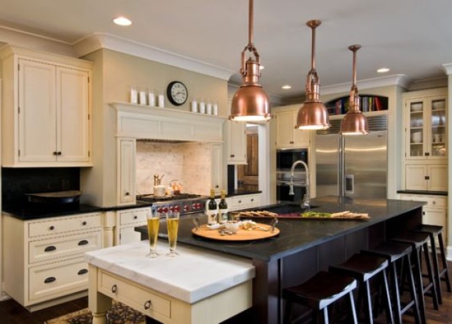 Copper Pendant Lights Above The Kitchen Island For A Touch Of Steampunk 650x467 