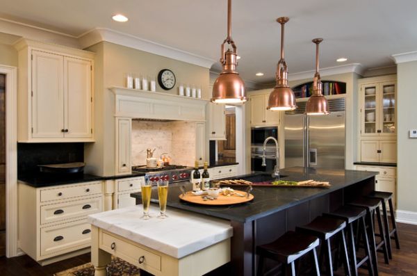 Copper pendant lights above the kitchen island for a touch of steampunk!