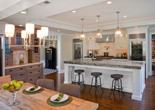 Couple of glass door refrigerators at each end give this kitchen symmetry