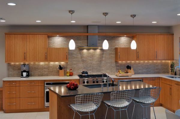 Elegant modern kitchen with lovely pendant lighting and an oriental touch