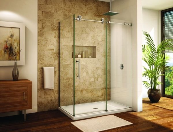 Frameless sliding glass door shower enclosure for a modern bathroom