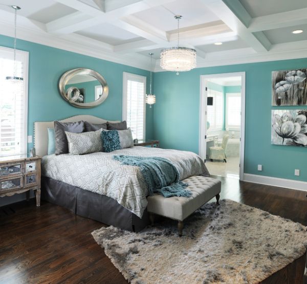 Gorgeous modern bedroom in beautiful aqua blue