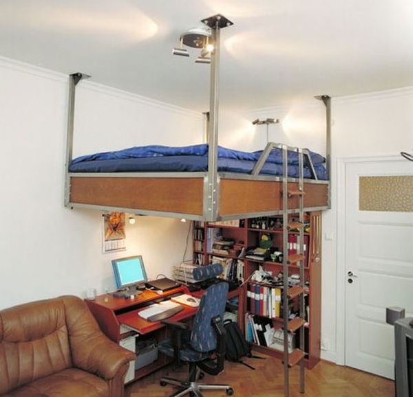 Hanging bed above home office area to save up on space!