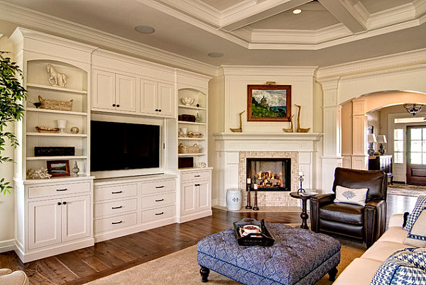 Modern corner fireplace in a room with traditional elements