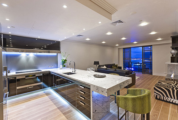 Neon lighting under cabinets in a contemporary kitchen