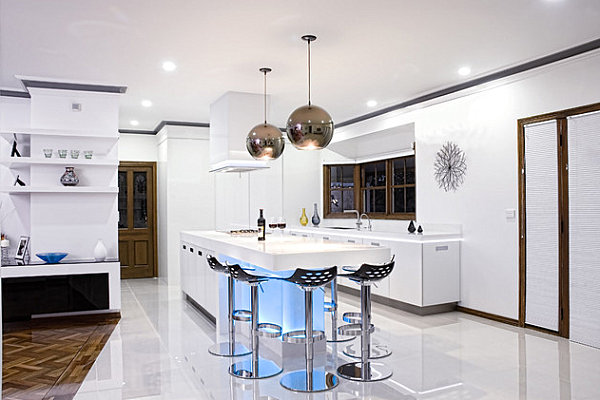 Neon lighting under the kitchen bar