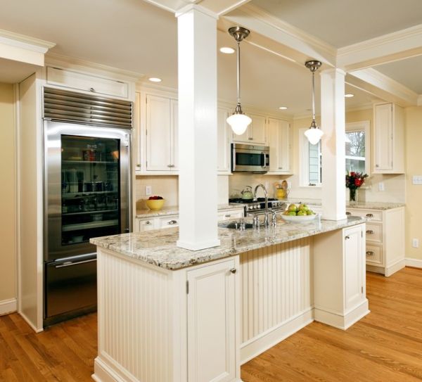 Open glass refrigeration brings sophistication to this classy kitchen