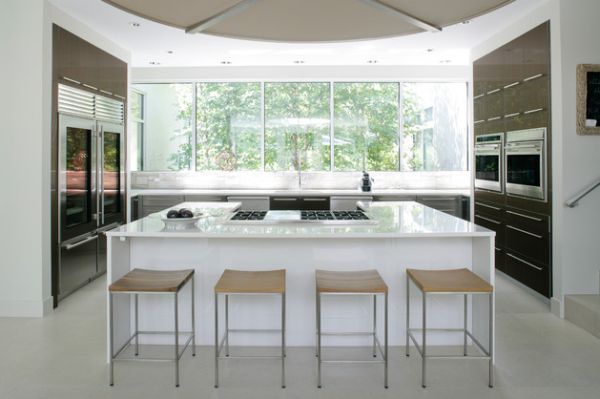 Perfect way to incorporate glass door refrigerators in a modern kitchen space