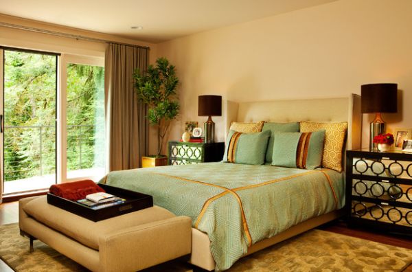 Plush upholstered bench in a bedroom laced with ample green