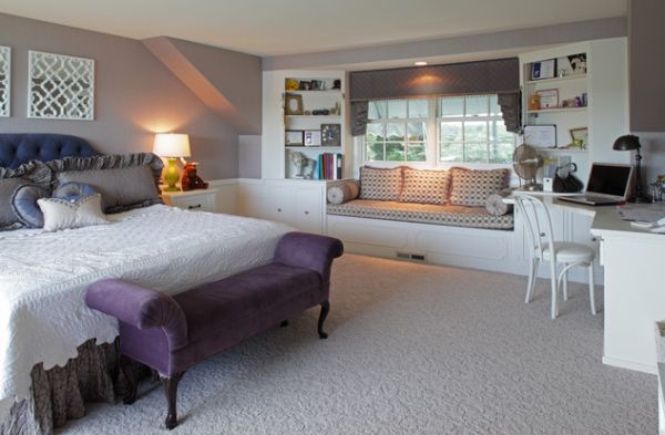 Purple sofa-styled bench in the kids' bedroom adds a regal touch to the white interiors