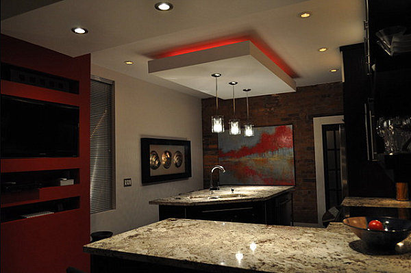 Red neon lighting in the kitchen