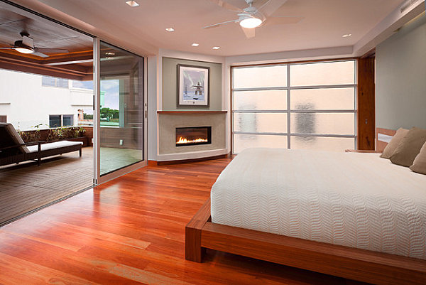 Sleek bedroom fireplace