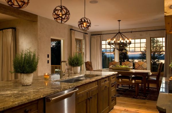 Stripped pendant spheres steal the show in this organized kitchen
