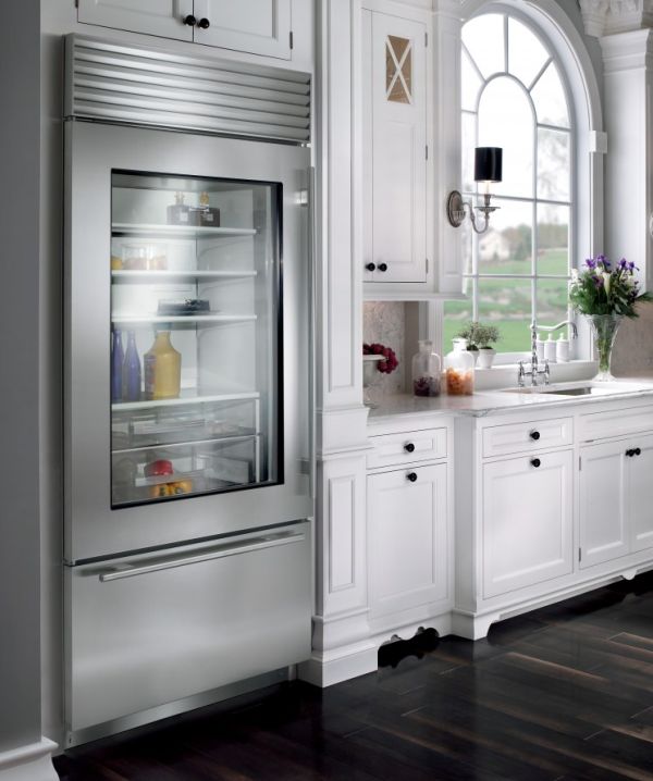 Stylish Glass Door Refrigerator For A Kitchen In Neutral Tones 