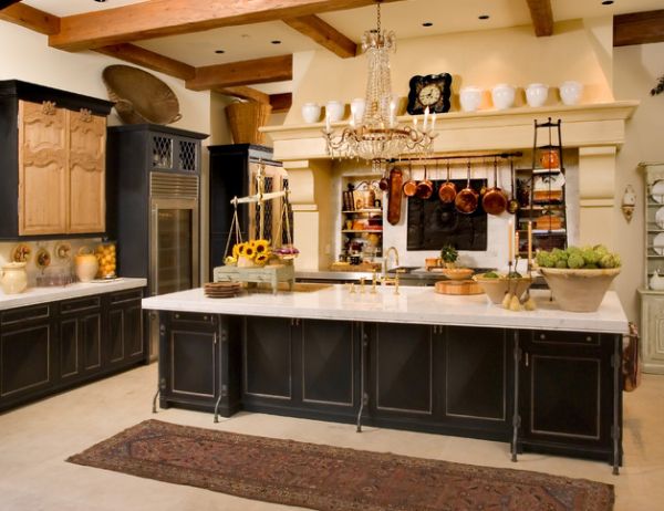 Traditional kitchen design with a glass door refrigerator that blends in seamlessly