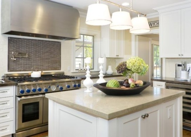 Unique Pendant Lights That Offer A Softer Light For This Neutral Kitchen 650x467 