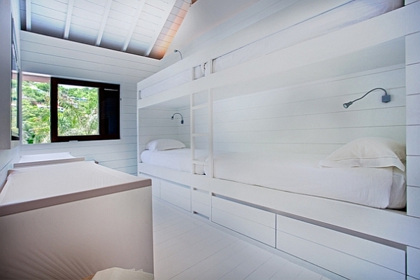 all white bunk beds bedroom