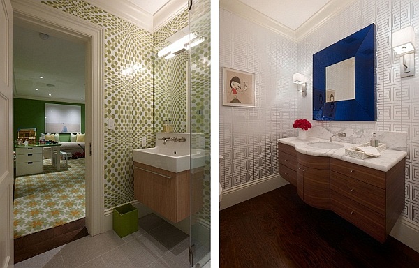 fancy bathroom designs with patterned wallpaper