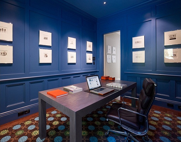 home office with blue walls