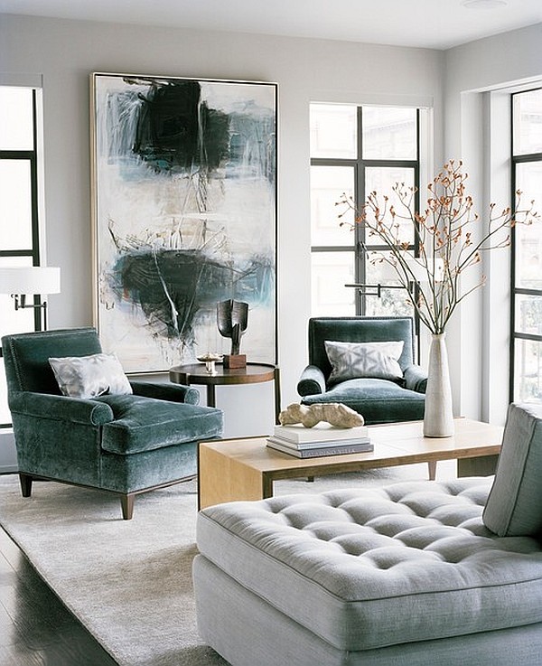 modern living room with artwork and fancy sofa