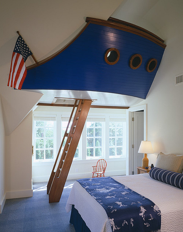 Nautical inspired bedroom with a boat and ladder