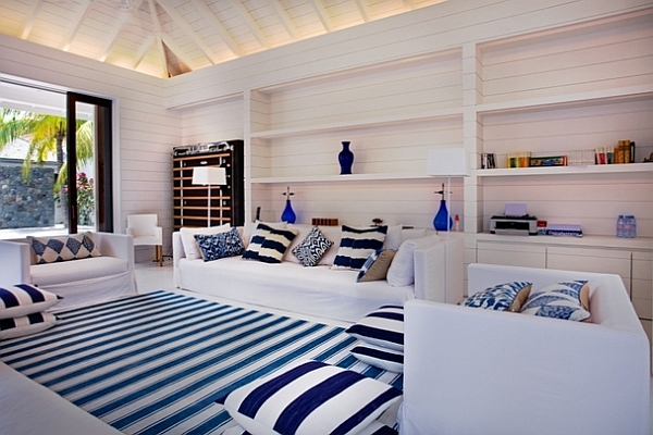 white and blue striped living area