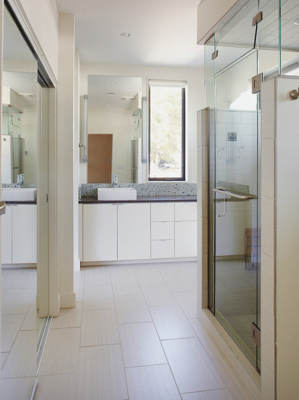 Bathroom with mirrored closets