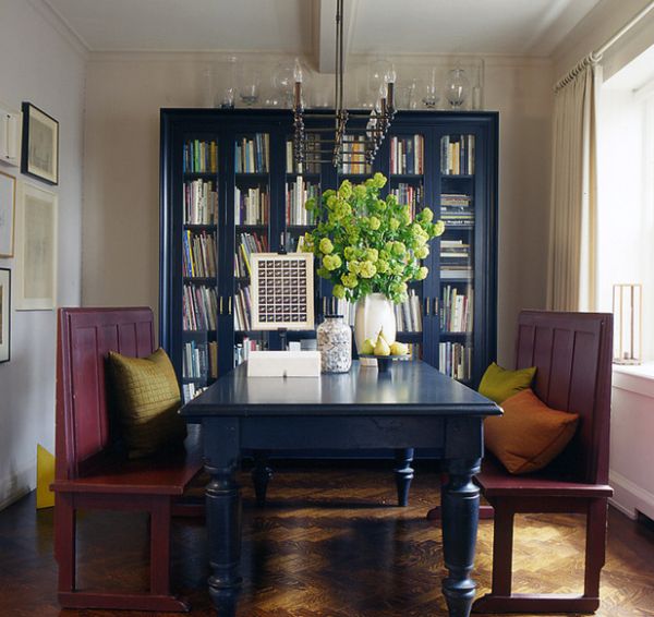 Beautiful bookcase in Navy Blue make for a lovely backdrop in the dining room