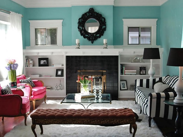 Black tiled fireplace with built in shelves