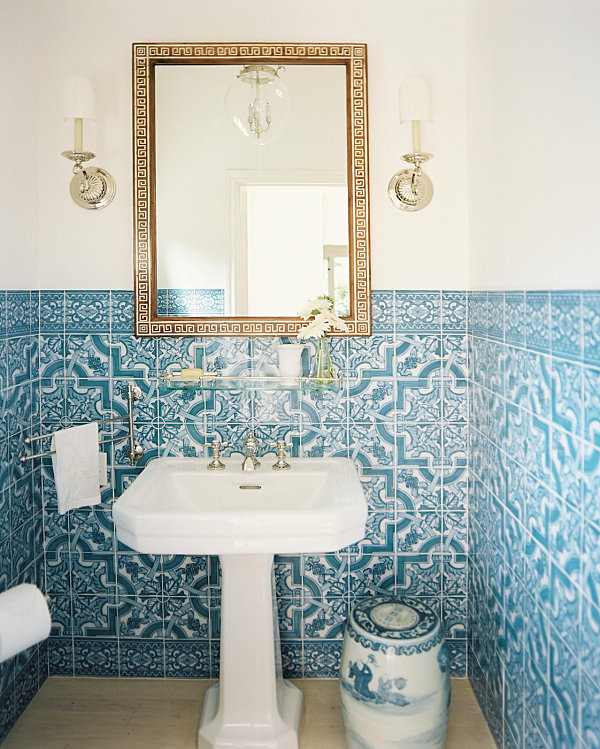 Blue and white tile in a compact bathroom