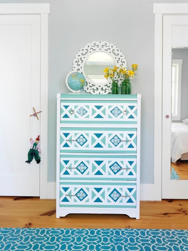 Blue geometric wallpaper dresser DIY