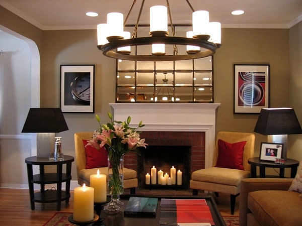 Brick fireplace lit with candles