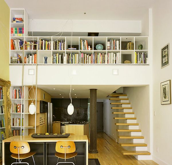 Cantilevered Oak treads make up this floating stairway to the book collection on the top floor