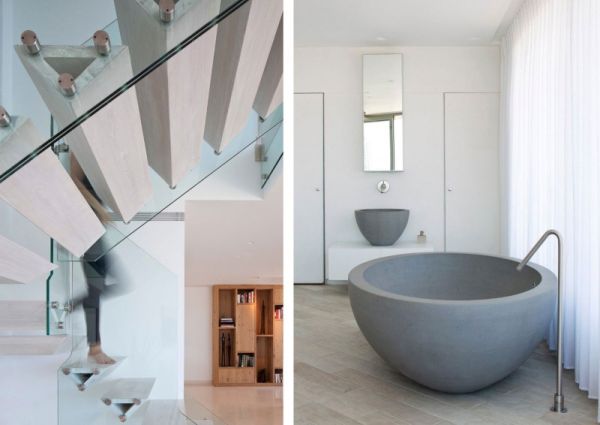 Cantilevered triangular staircase and bathtub