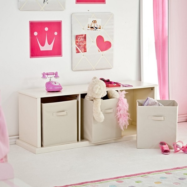 Canvas toy storage bins in cubby