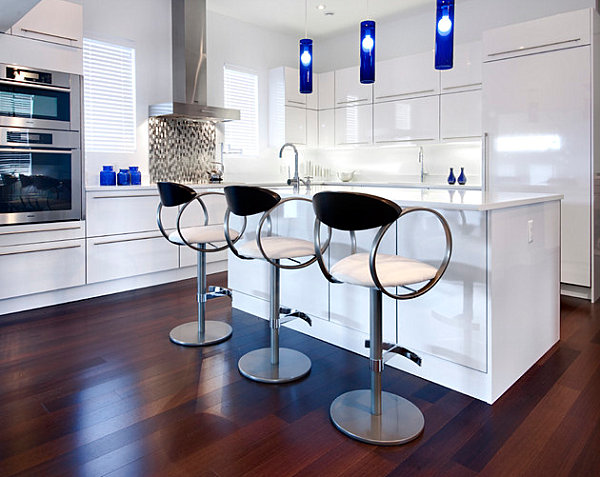 Clean-lined kitchen with cobalt accents