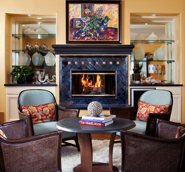 Colorful setting for a fireplace with glass door