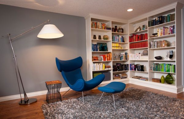 Contemporary family room with a stylish bookcase in the corner