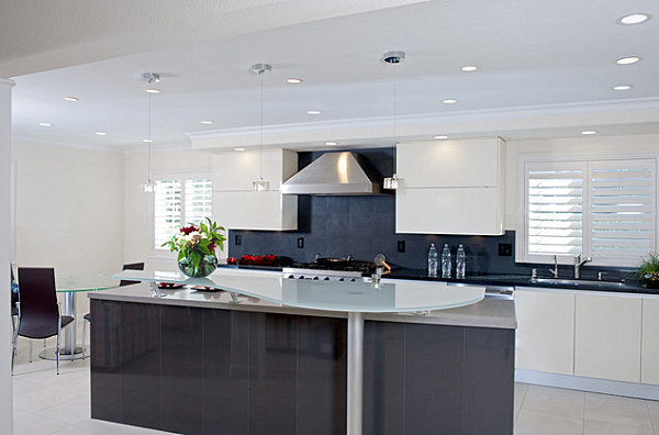 Contemporary kitchen with bold floral arrangement