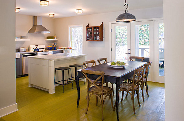 Contemporary kitchen with painted yellow floor