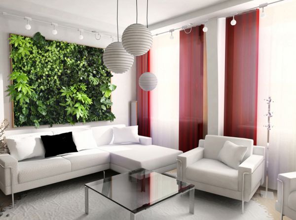 Contemporary living room in white with lovely living wall installation