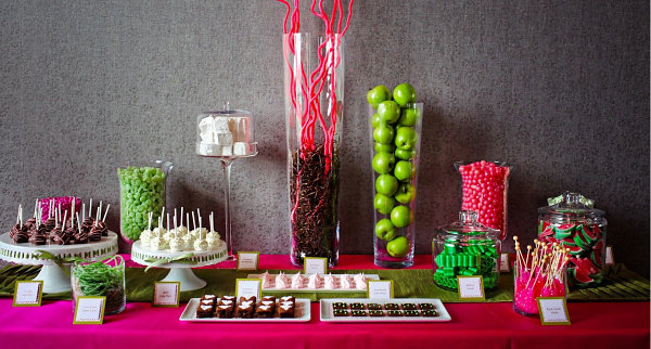 Contemporary pink and green dessert table