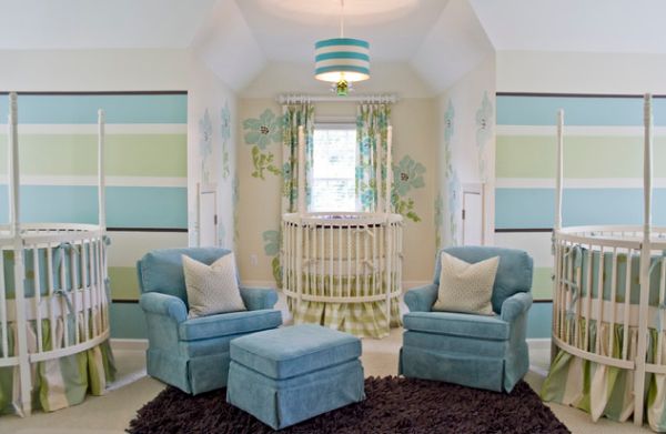 Contemporary triple nursery with enough seating space for adults as well