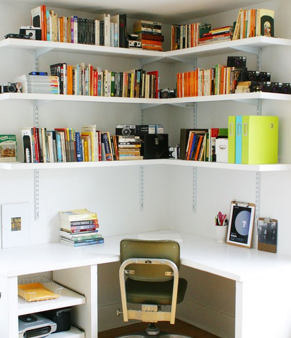 Corner space in the bedroom turned into compact home office with ample storage